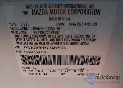 2012 Mazda Mazda6 I Sport z USA, uszkodzony, nr VIN 1YVHZ8BHXC5M17976